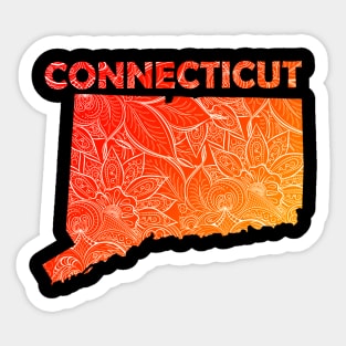 Colorful mandala art map of Connecticut with text in red and orange Sticker